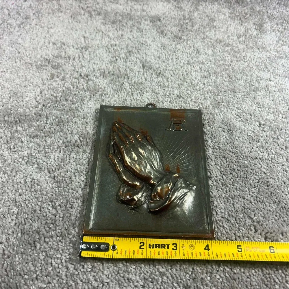 Vintage Praying Hands Metal Wall Plaque Copper Tone Durer Relief Religious Art